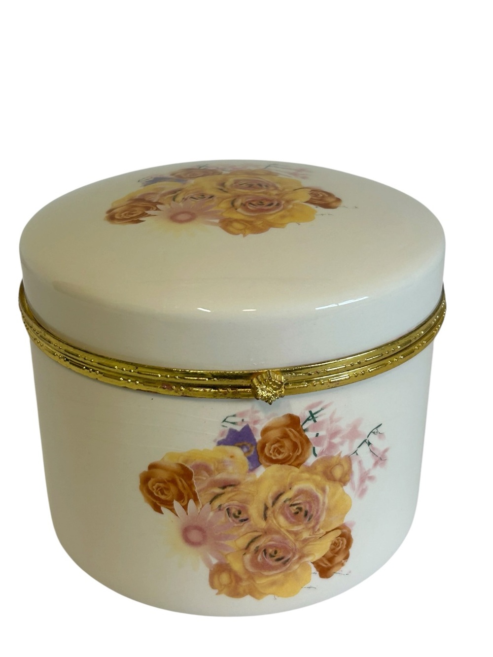 Round Hinged Lidded Box Floral Graphic Cache Trinket
